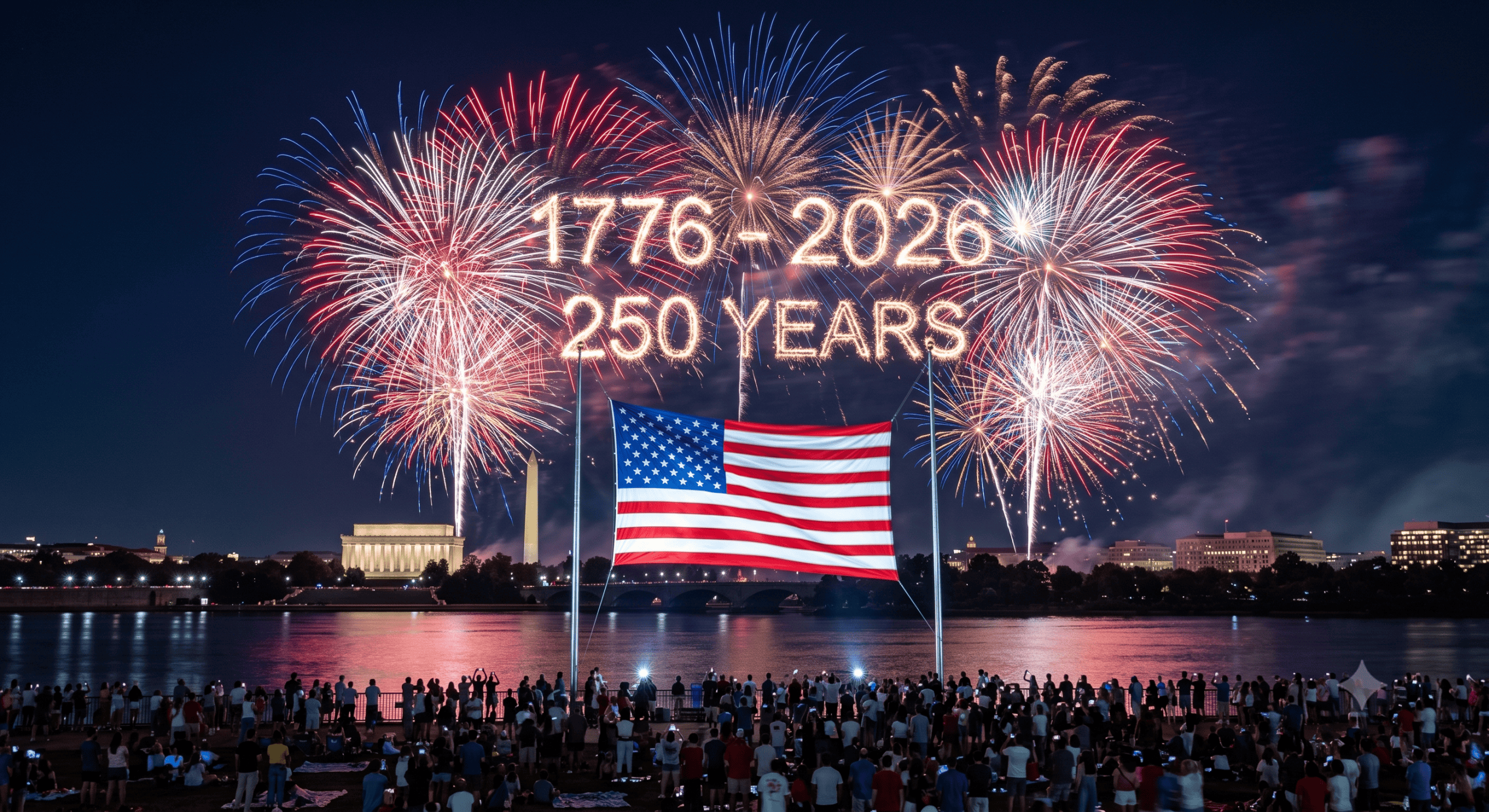 Independence Day 2026 Americas 250th Anniversary Bloggey Independence Day 2026 fireworks over an American flag marking America's 250th anniversary